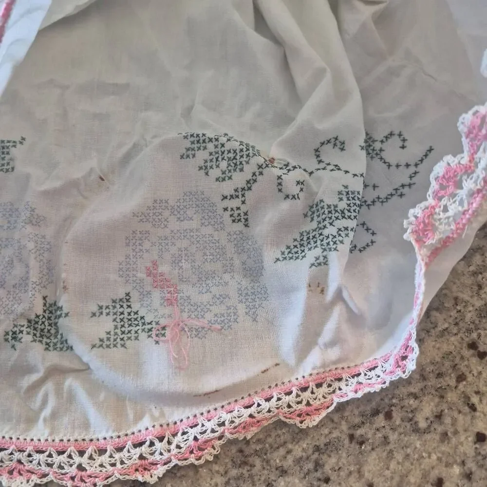 Pillowcases (2), White Cotton, Vintage Pink Variegated Crochet Cross Stitch Star